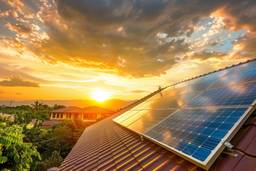 Energy-efficient properties for investment are shown with solar panels with a sunset in the background.