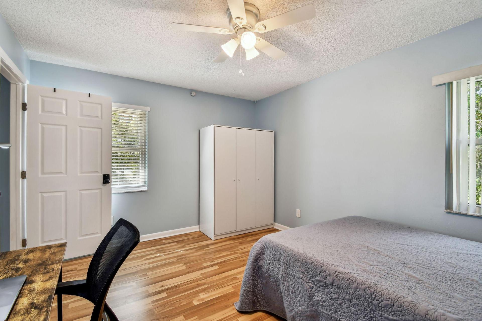 Desk, office chair and light