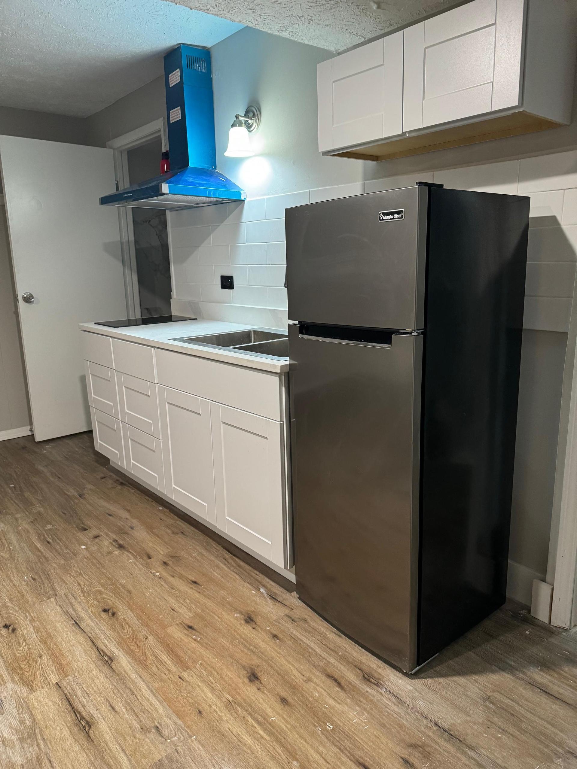 Stainless steel fridge, sink, and hood