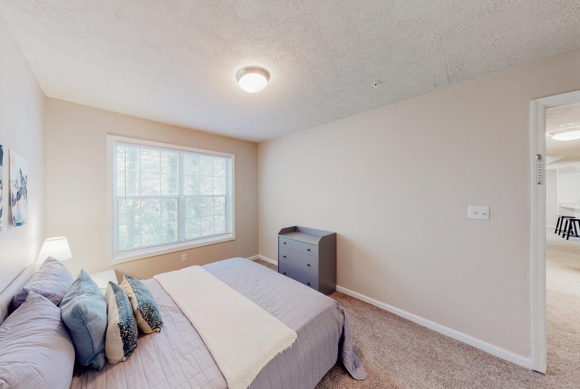 Lovely room equipped with a queen bed, night stand, vintage lamp, dresser and a reach-in closet.