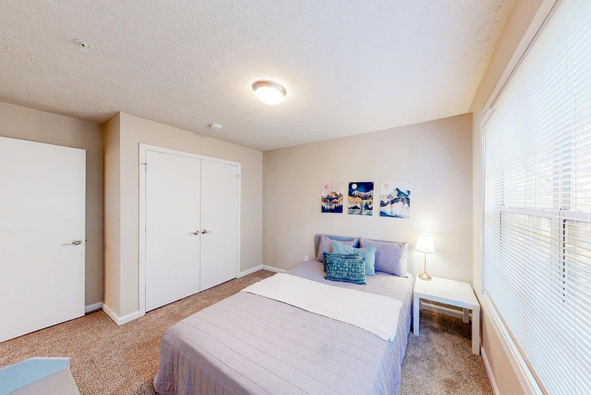 Lovely room equipped with a queen bed, night stand, vintage lamp, dresser and a reach-in closet.