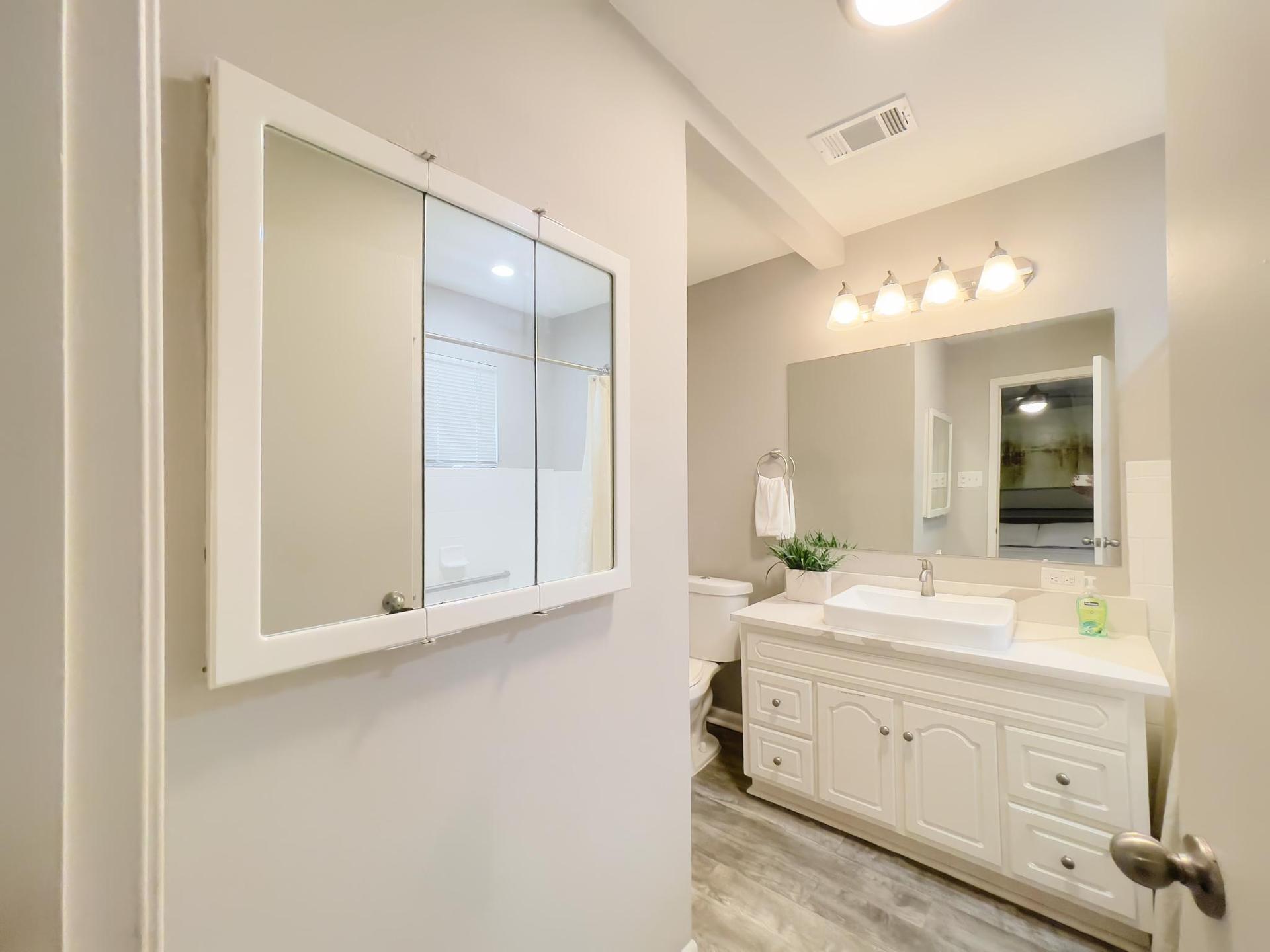 Newly remodeled bathroom with quartz coutn