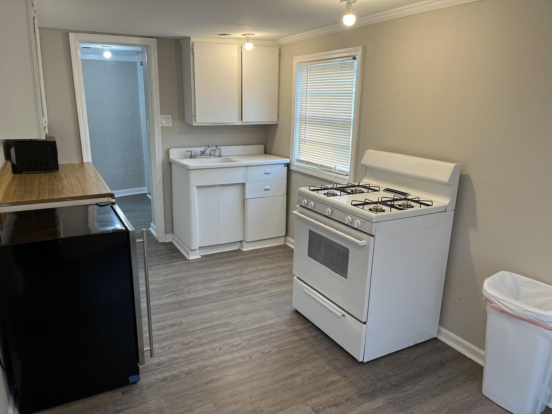 This room is a full apartment with a kitchen, sink, microwave, stove, and mini fridge.