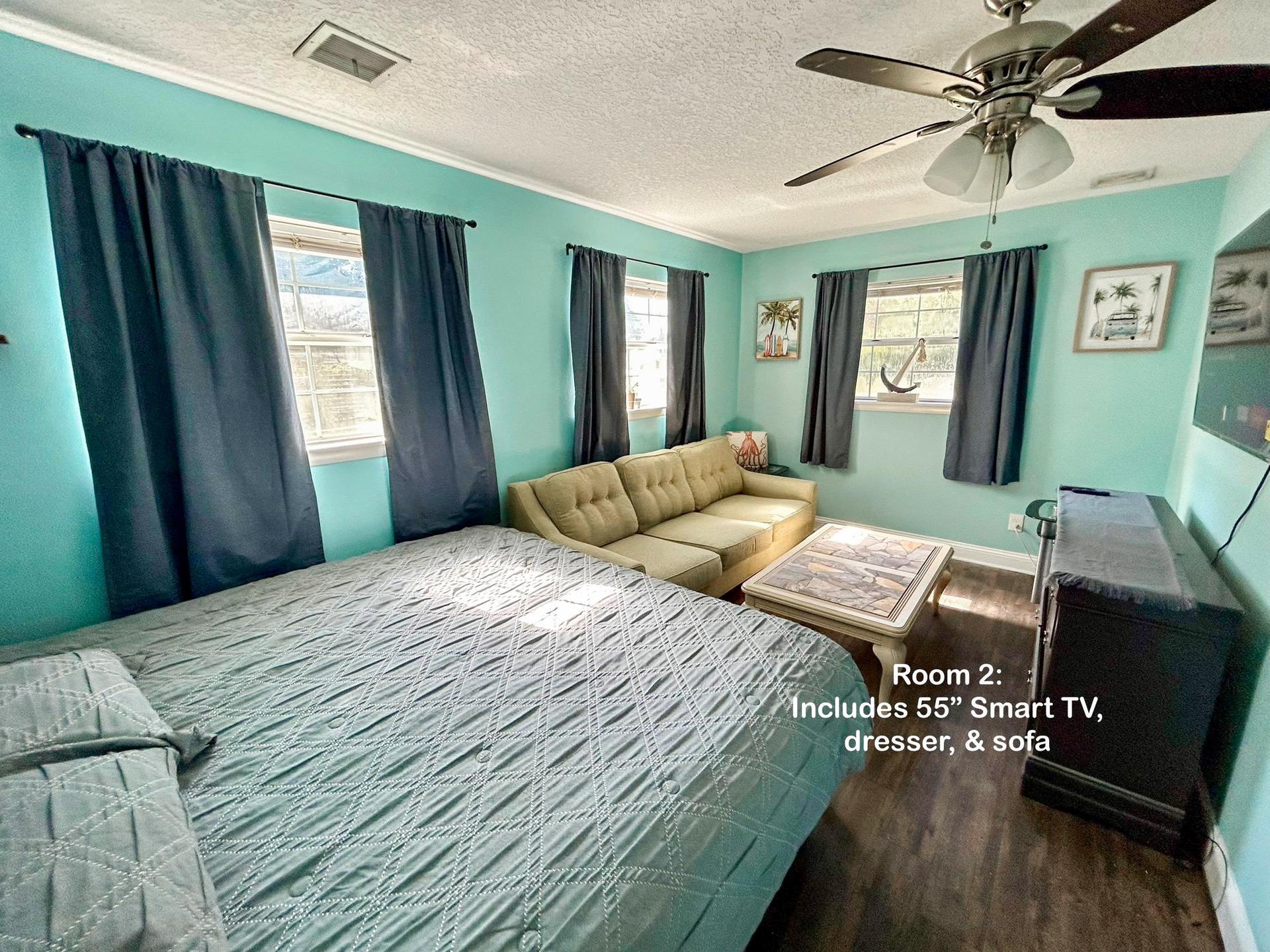 bedroom, detected:ceiling fan, bed, window blind