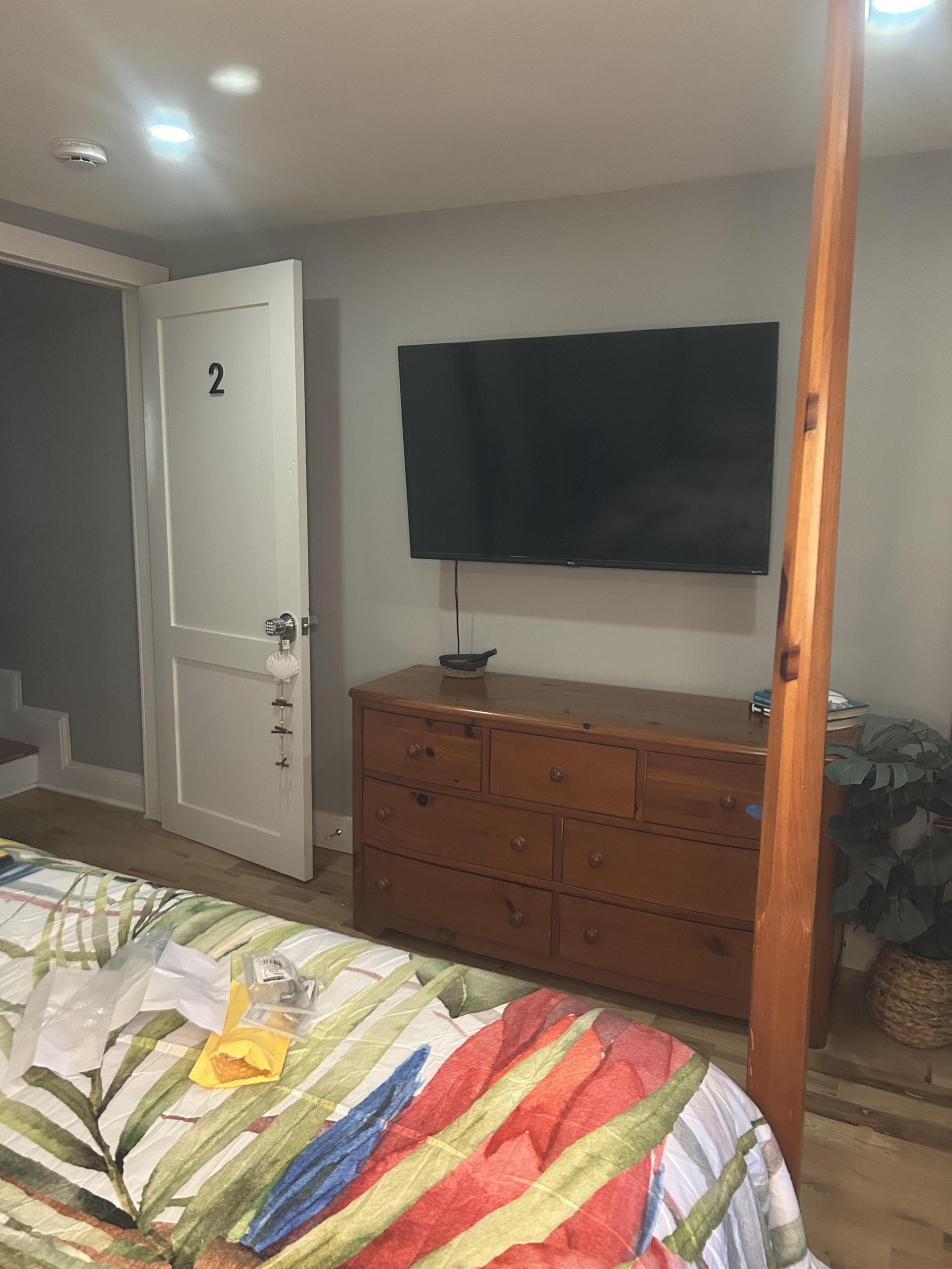 Enjoy watching your favorite tv shows or Netflix. With a beautiful dresser to house your clothing.