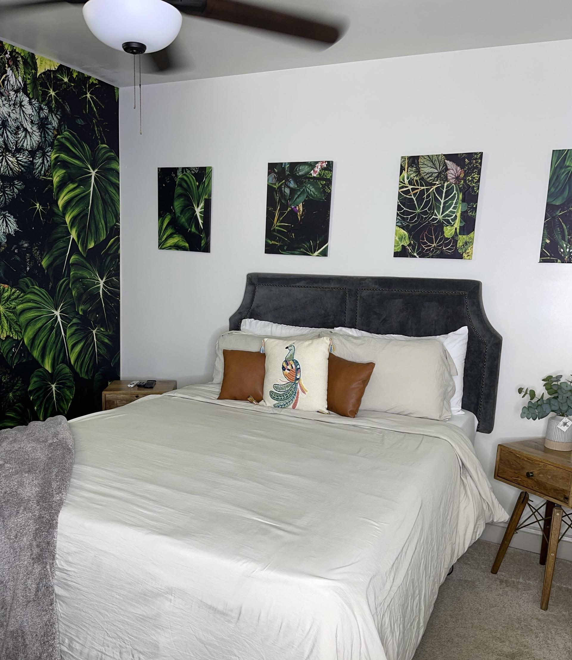 Jungle theme bedroom.  Queen size bed with an adjustable base.