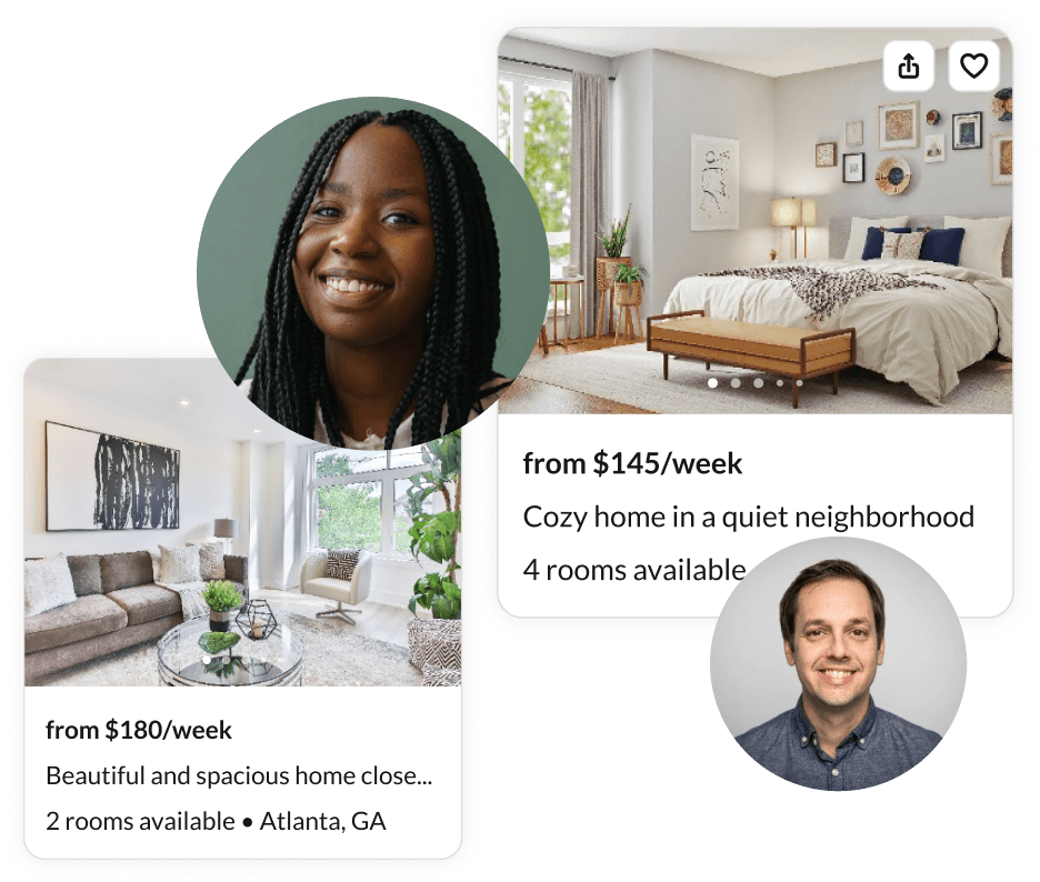 An image of two bedrooms, a Caucasian man smiling, and an African-American woman smiling